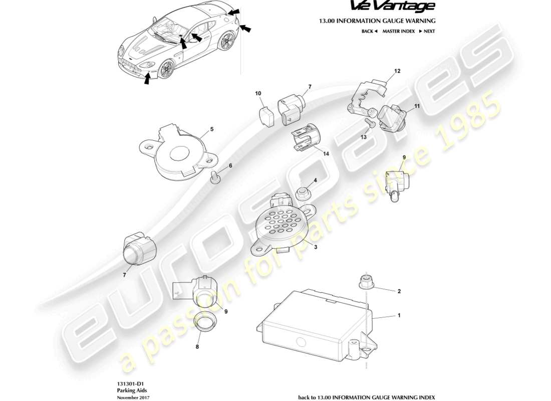 aston martin v12 vantage (2011) parking aid sensors part diagram