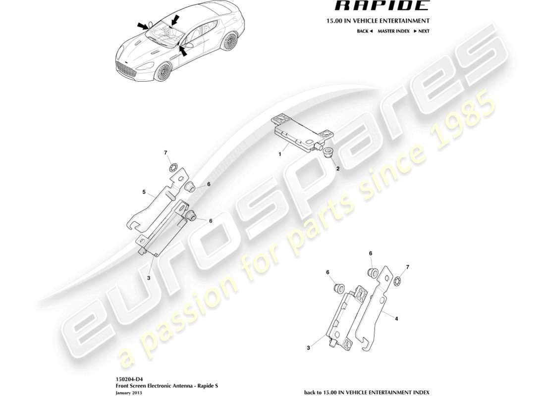 aston martin rapide (2010) electronic antenna, 13my to 14.5my part diagram