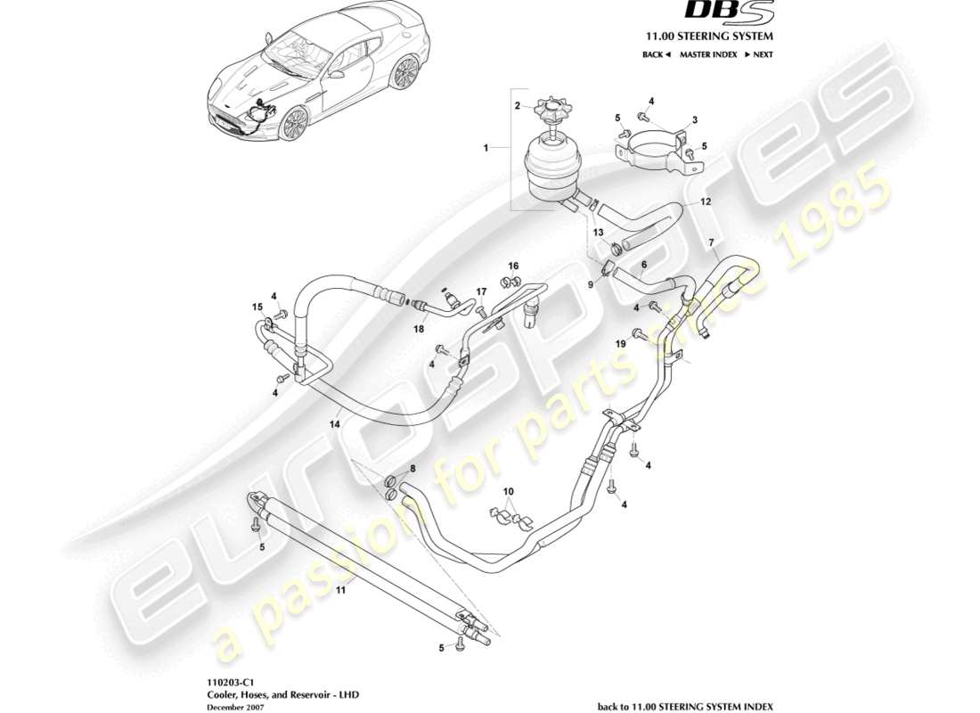 aston martin dbs (2009) cooler, hoses & rsercoir, lhd part diagram