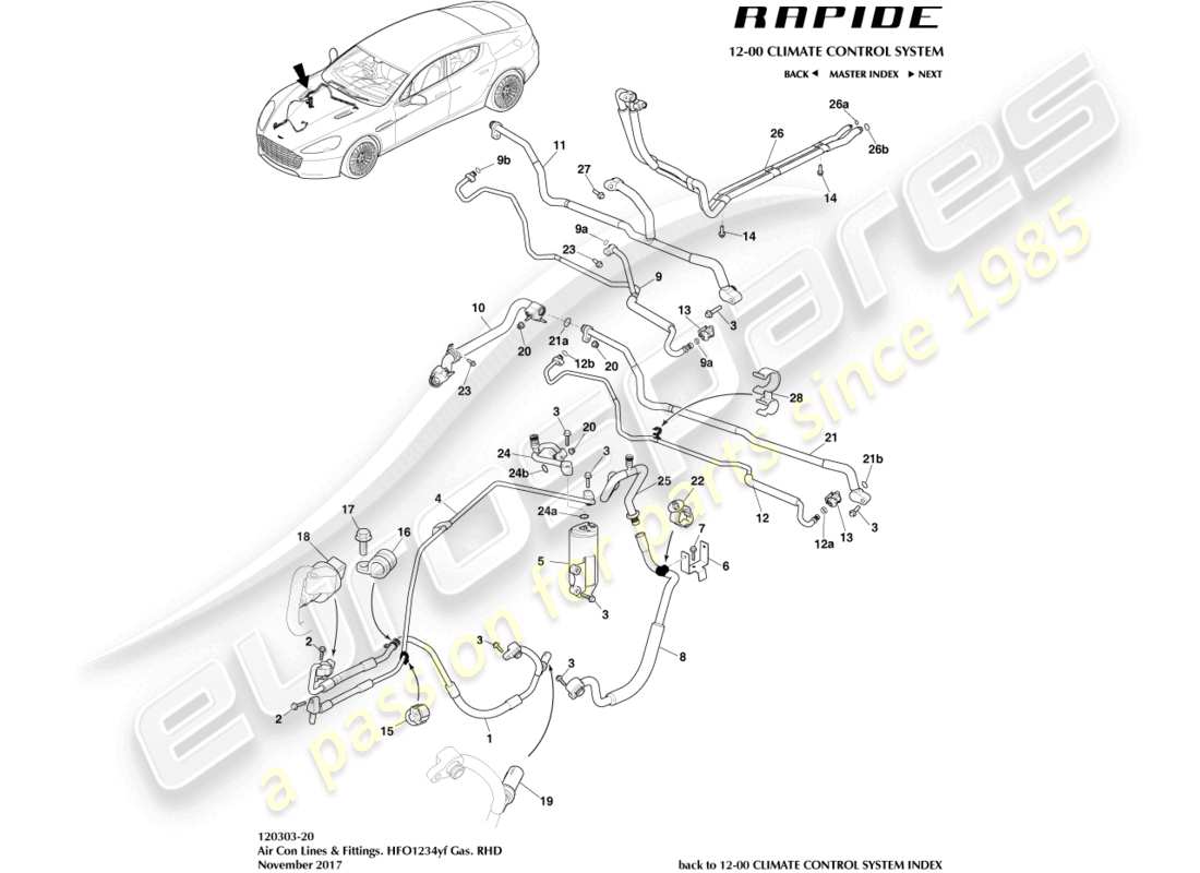 aston martin rapide (2014) air con lines, hfo1234yf, rhd part diagram