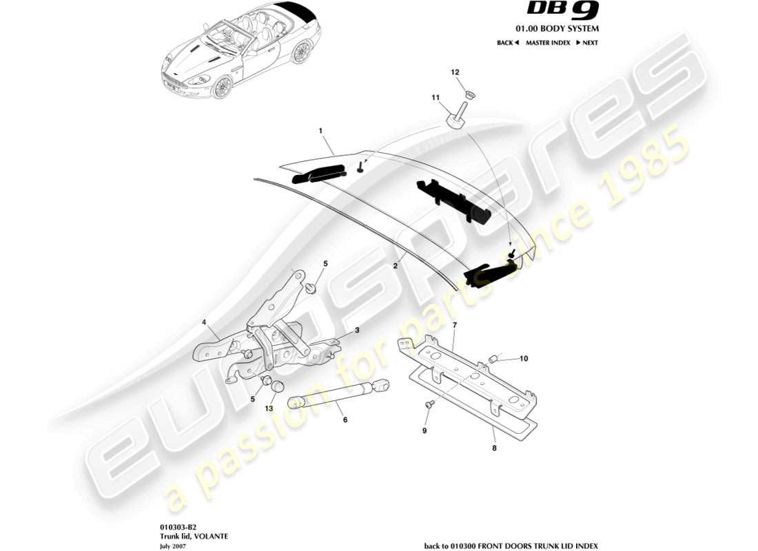 aston martin db9 (2009) trunk lid, volante part diagram