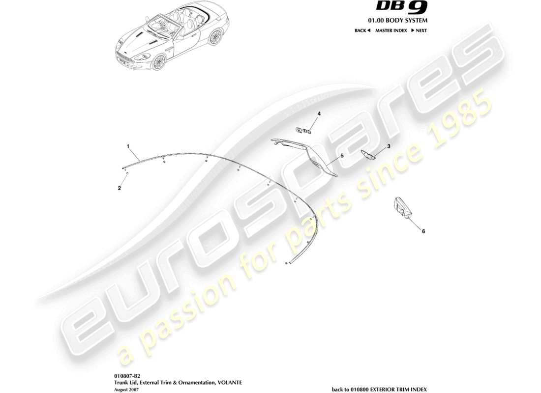 aston martin db9 (2009) trunk lid trim, volante part diagram