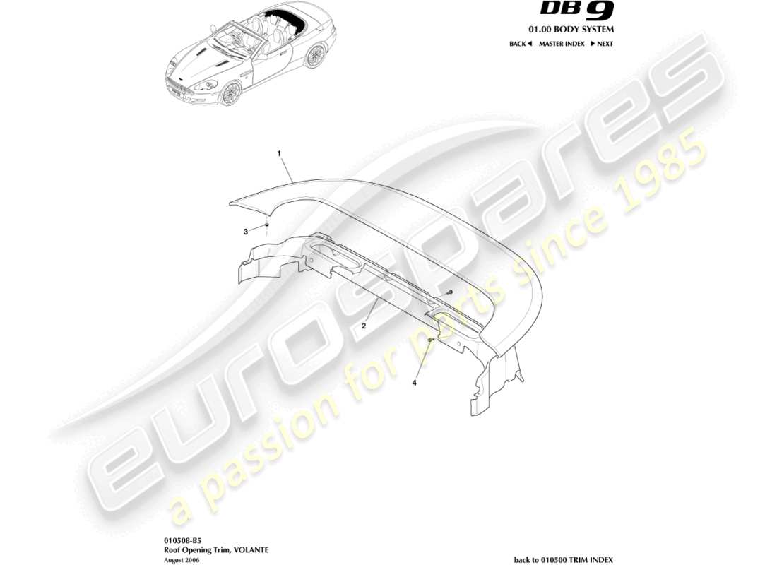 aston martin db9 (2010) roof opening trim part diagram