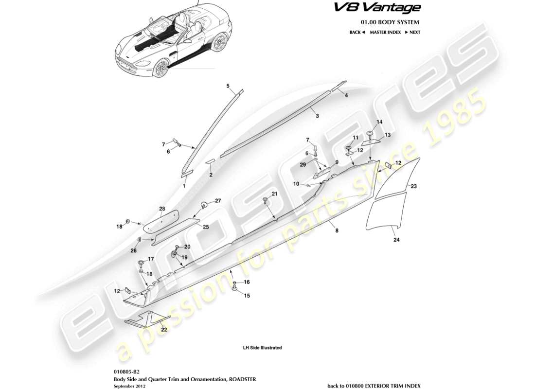 aston martin v8 vantage (2008) bodyside & quarter trim, roadster parts diagram