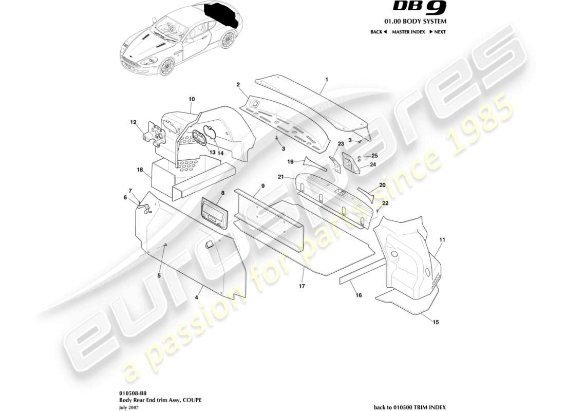 aston martin db9 (2004) rear end trim, coupe part diagram