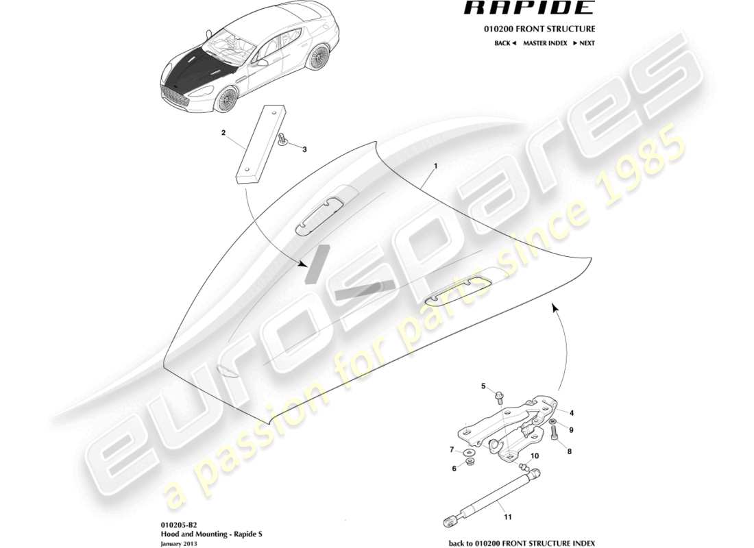 aston martin rapide (2010) bonnet and hinges, s part diagram