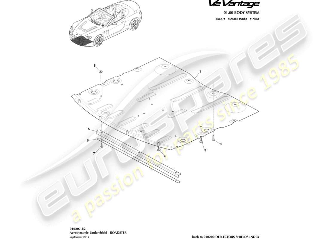 aston martin v12 vantage (2012) front undershield, roadster part diagram