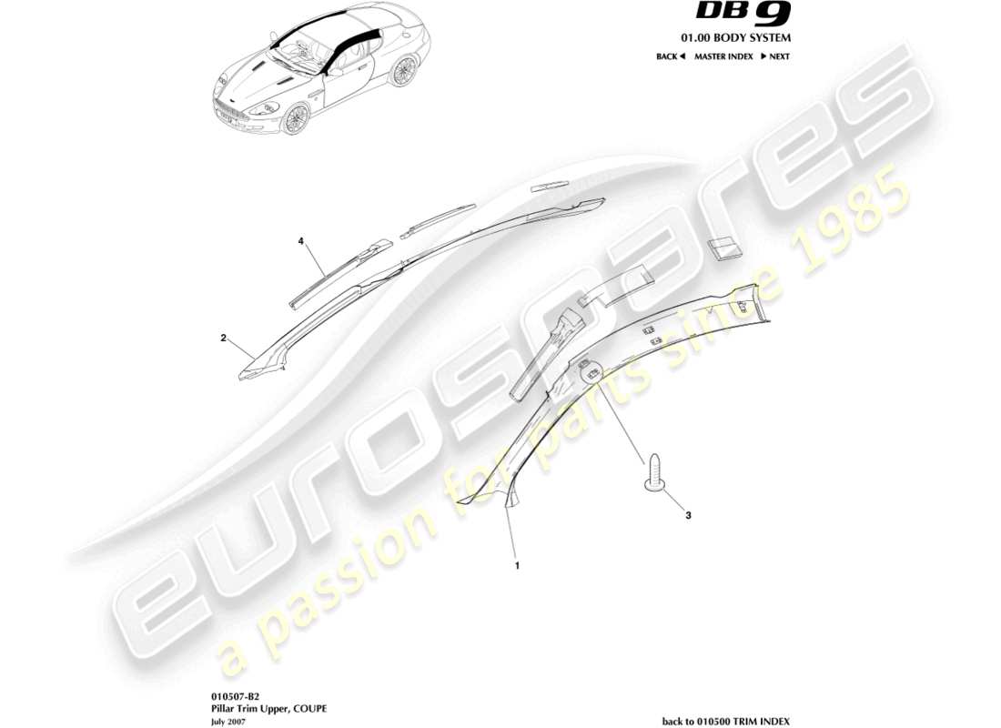 aston martin db9 (2009) pillar trim, upper, coupe part diagram