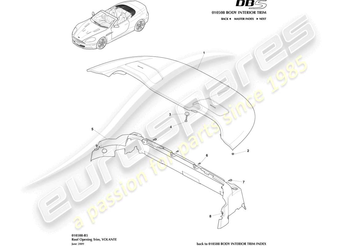 aston martin dbs (2009) roof opening trim part diagram