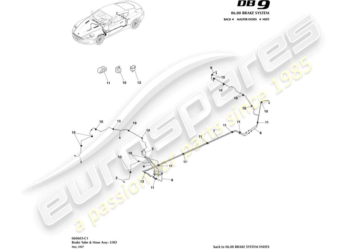 aston martin db9 (2004) brake lines & hoses, lhd part diagram