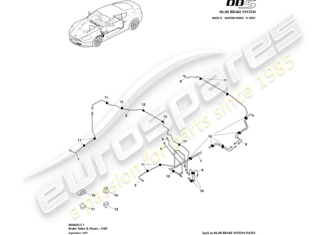 aston martin dbs (2010) brake lines & hoses, lhd part diagram