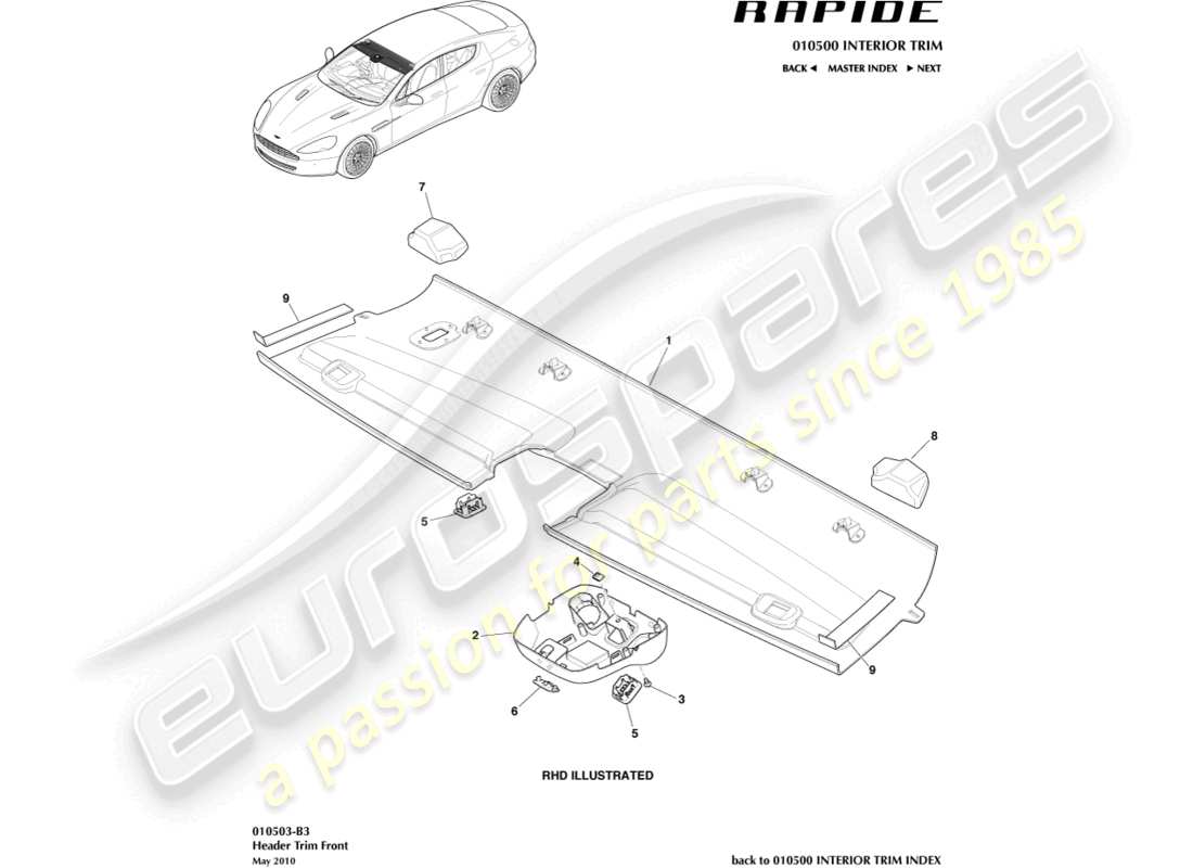 aston martin rapide (2010) front header trim part diagram