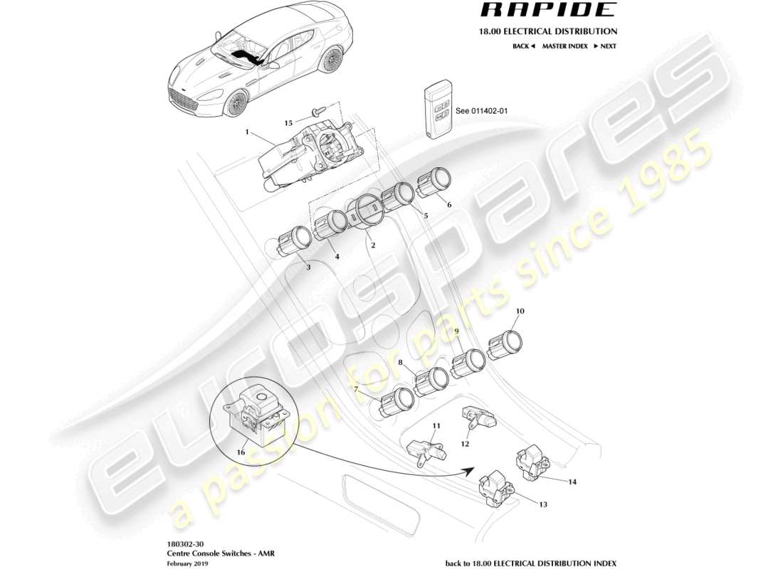 aston martin rapide (2010) centre console switches, amr part diagram