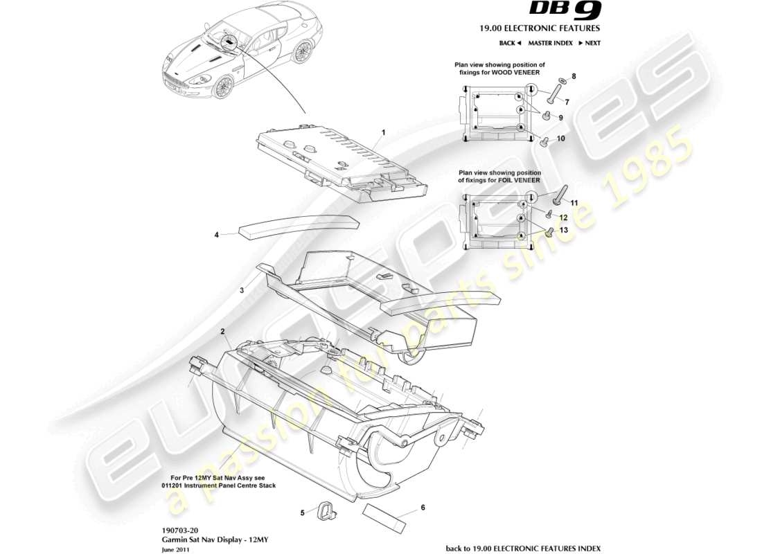 aston martin db9 (2009) sat nav display, 12my on part diagram