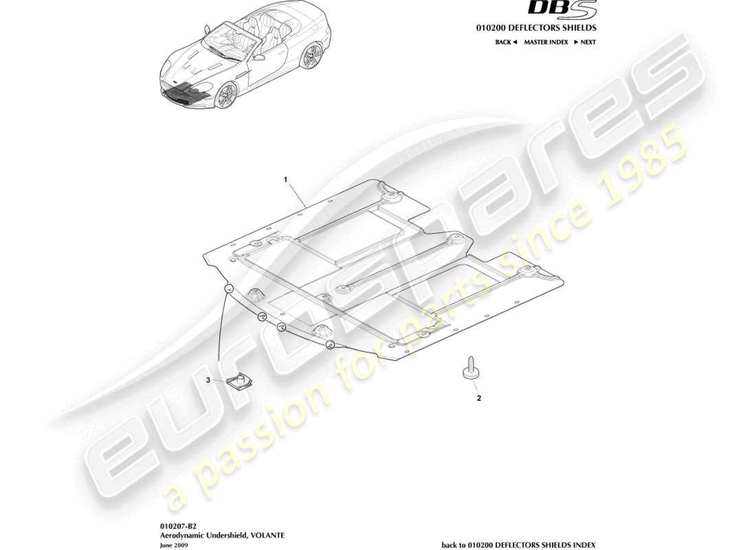 aston martin dbs (2008) front undershield, volante part diagram