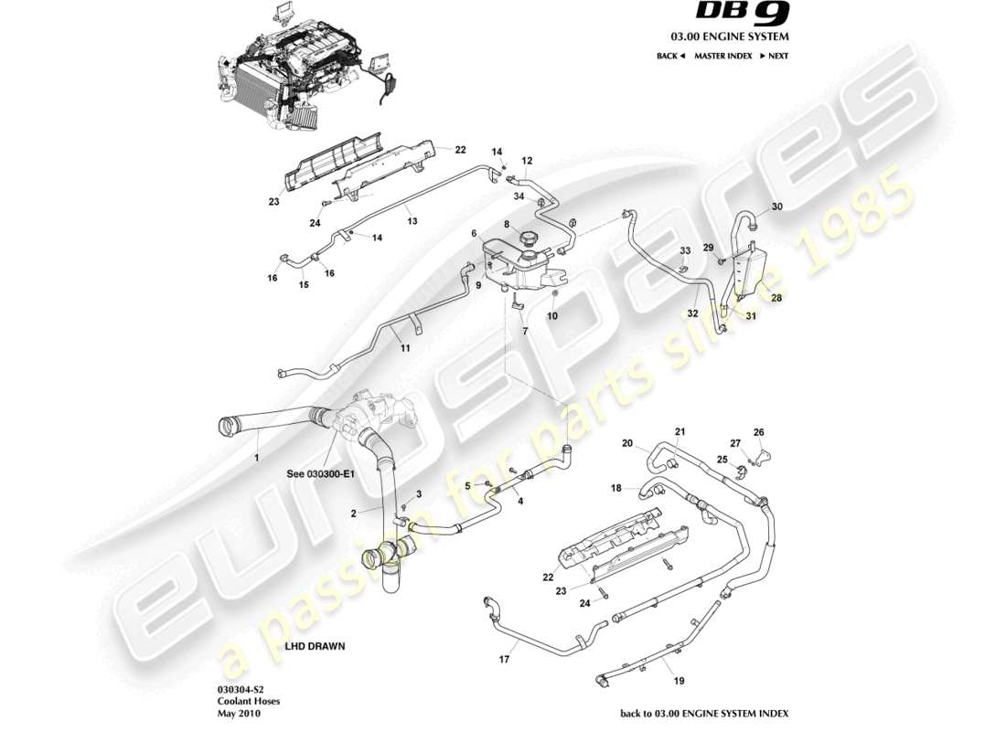 aston martin db9 (2004) coolant hoses & reservoir part diagram