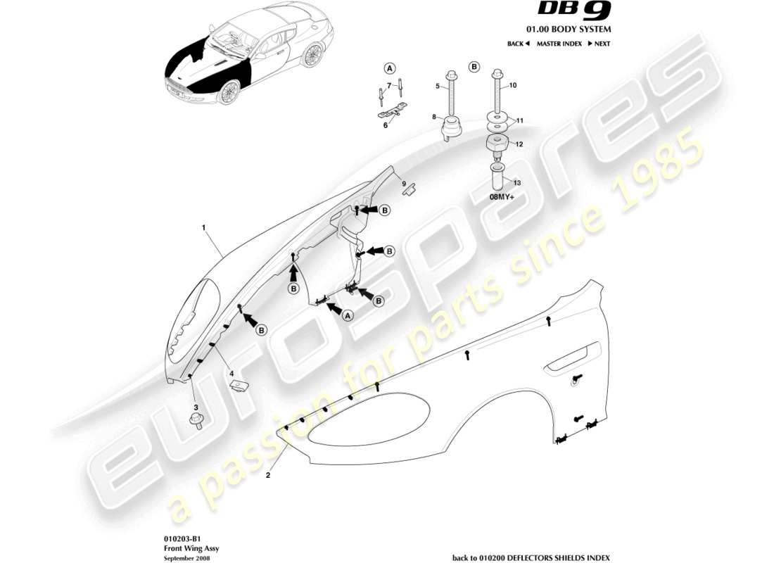 aston martin db9 (2005) front wing assembly part diagram