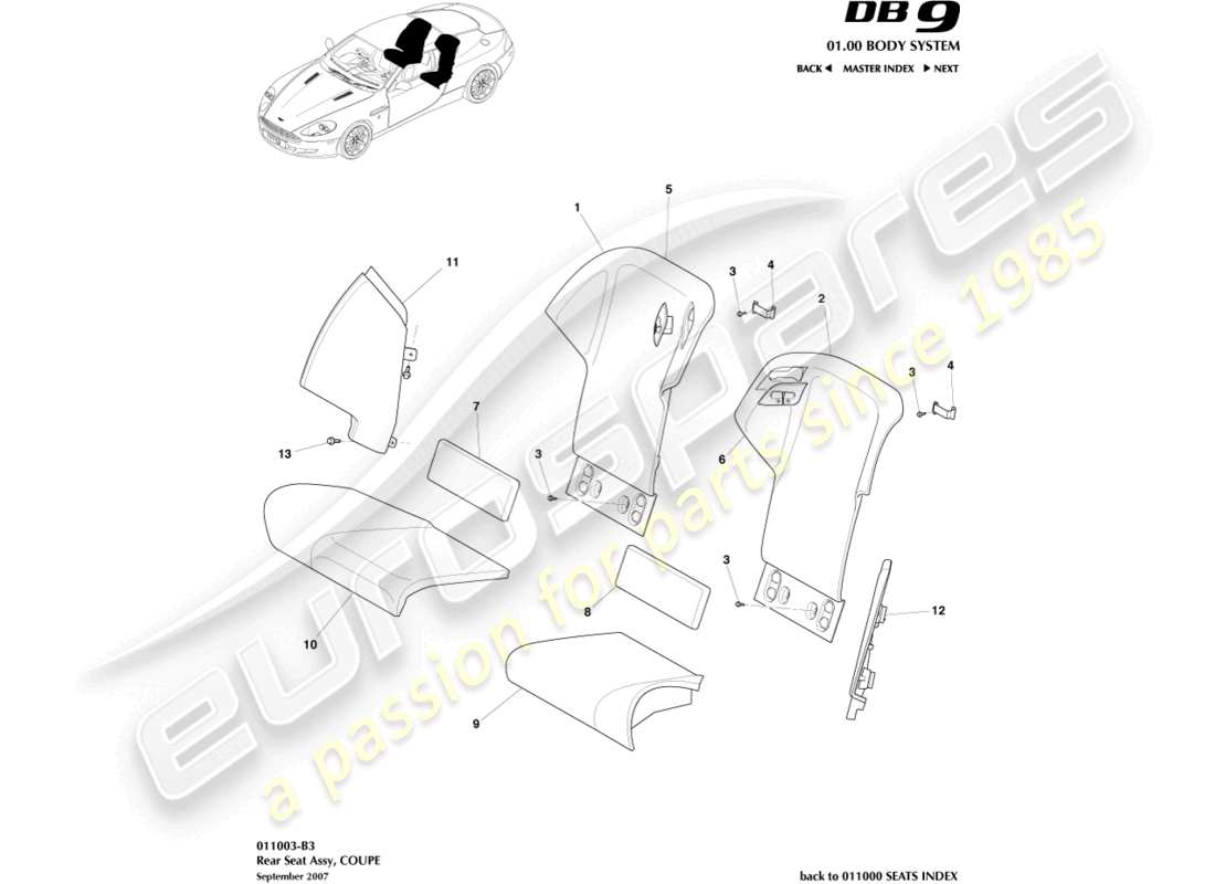 aston martin db9 (2004) rear seat, coupe part diagram