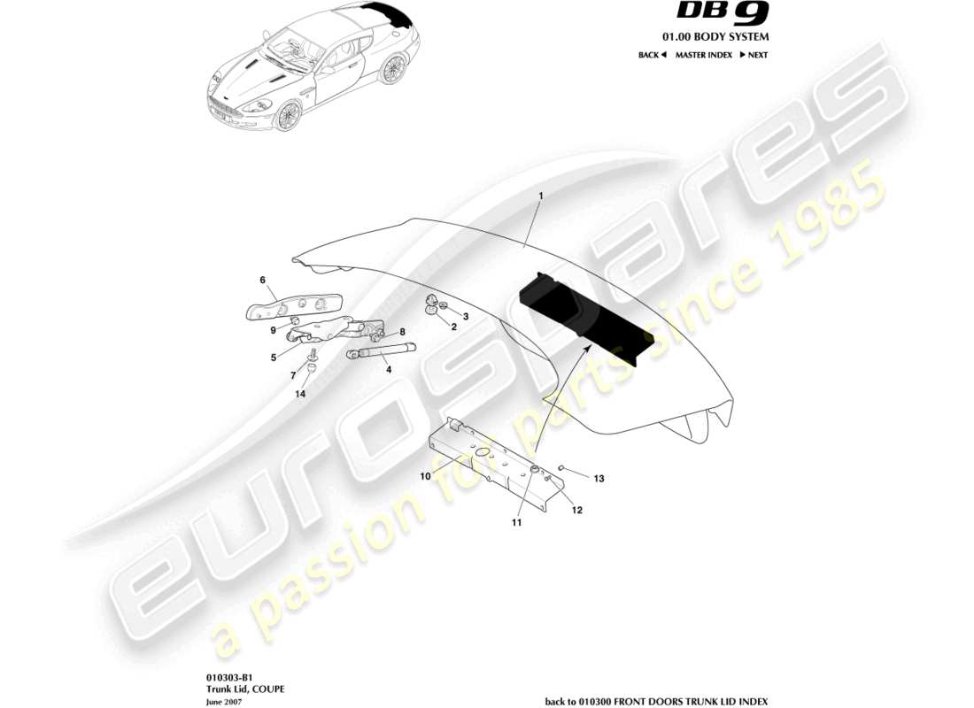 aston martin db9 (2004) trunk lid, coupe part diagram