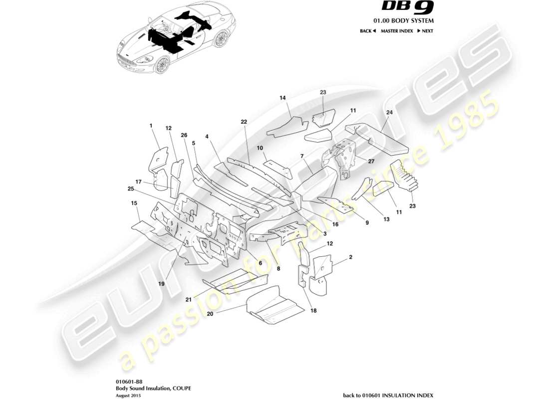 aston martin db9 (2010) body insulation, coupe part diagram