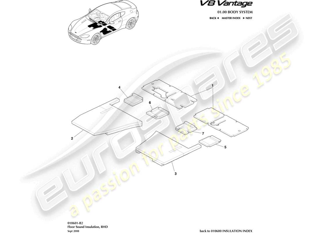 aston martin v8 vantage (2018) floor sound insulation, rhd part diagram