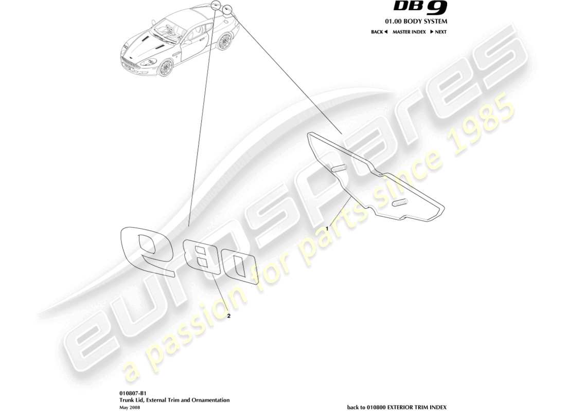 aston martin db9 (2009) trunk lid trim, coupe part diagram