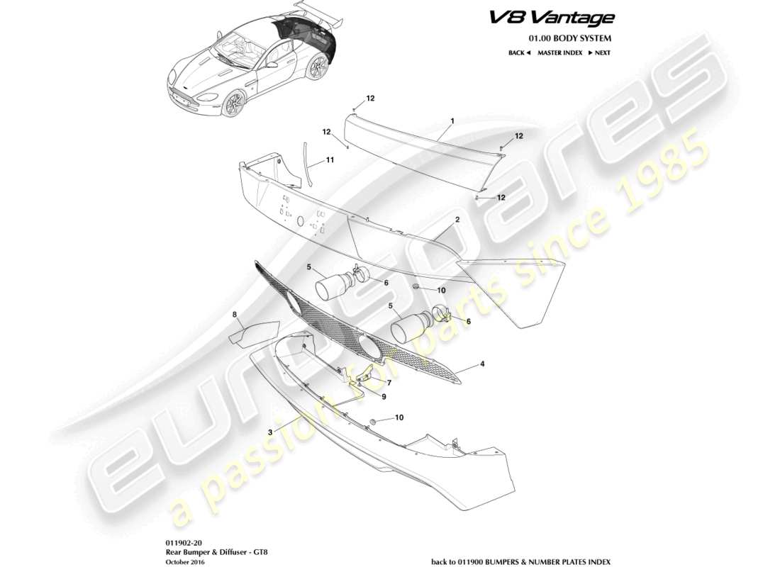 aston martin v8 vantage (2018) rear bumper, gt8 part diagram