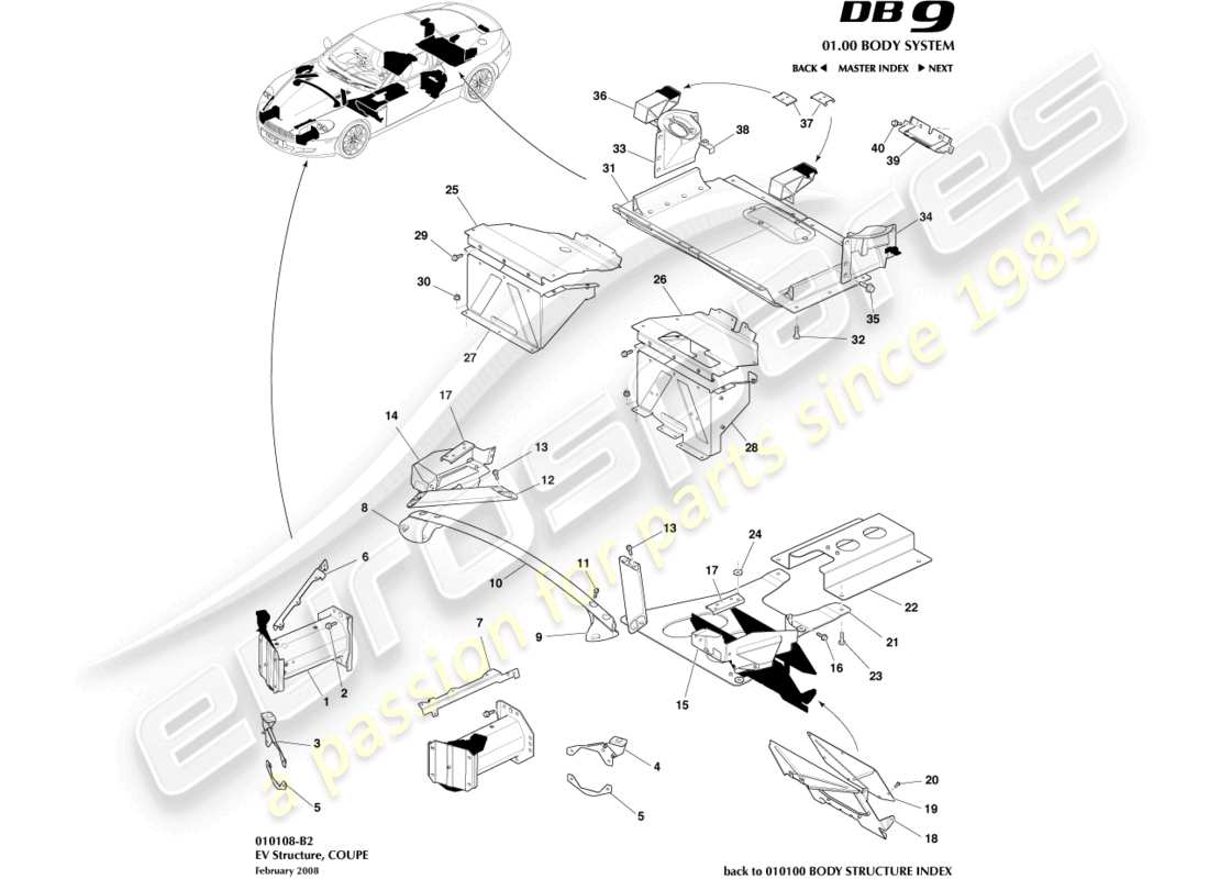 aston martin db9 (2008) ev structure, coupe part diagram