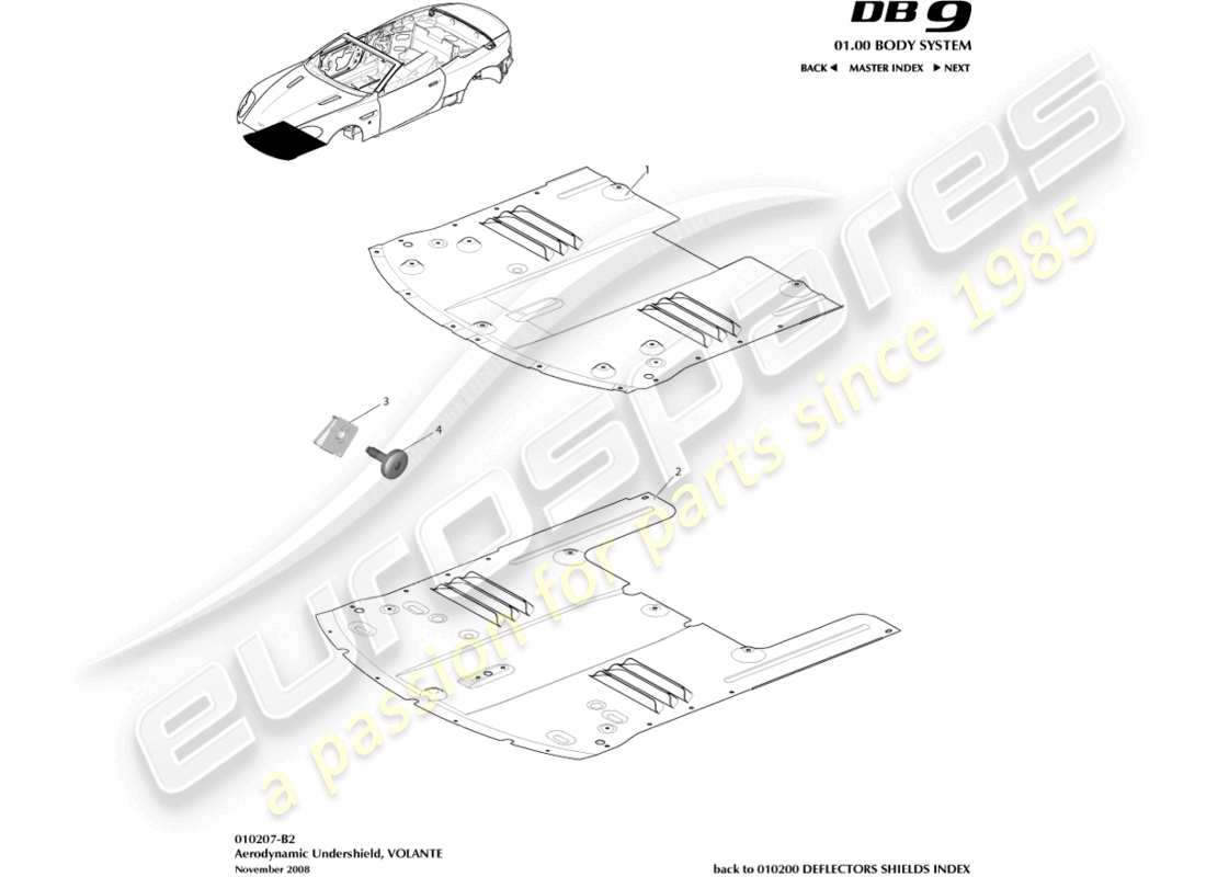 aston martin db9 (2011) front undershield, volante part diagram