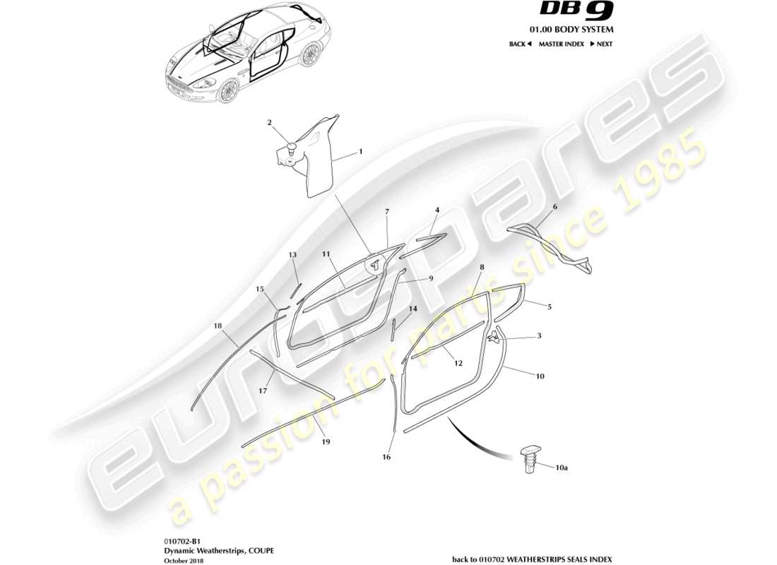 aston martin db9 (2011) dynamic weatherstrips, coupe part diagram