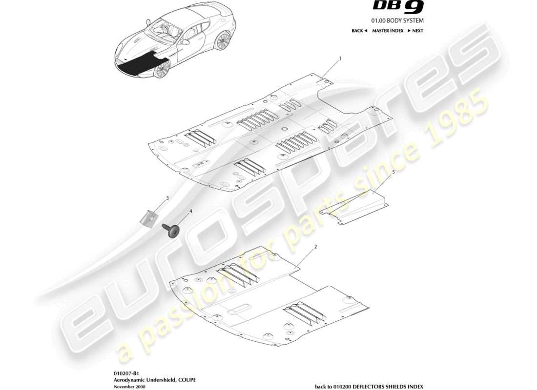 aston martin db9 (2008) front undershield, coupe part diagram