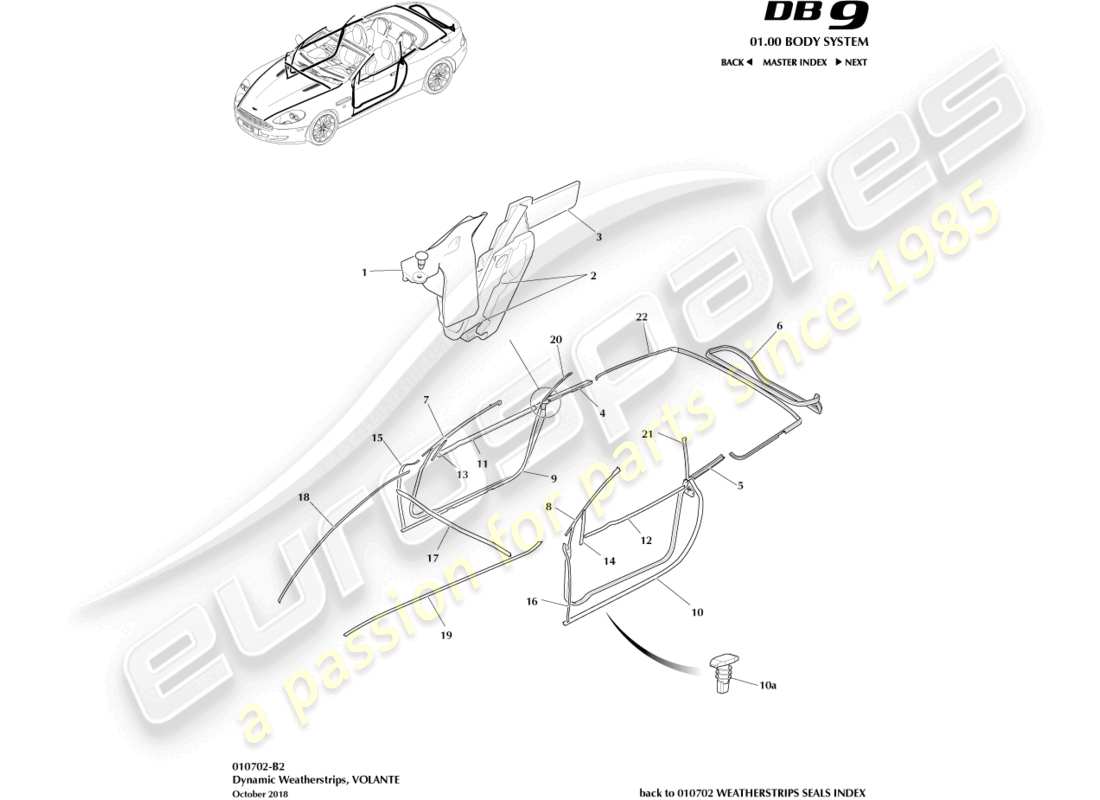 aston martin db9 (2008) dynamic weatherstrips, volante part diagram