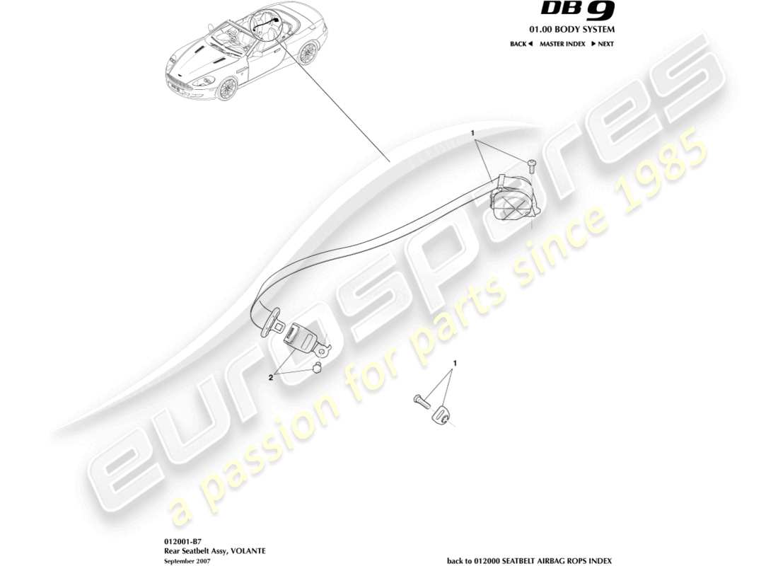 aston martin db9 (2010) rear seat belts, volante part diagram