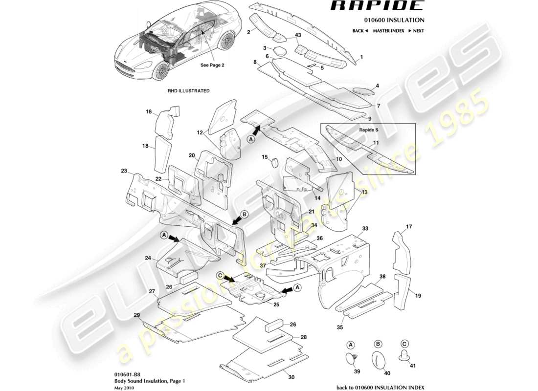 aston martin rapide (2010) noise insulation, front part diagram