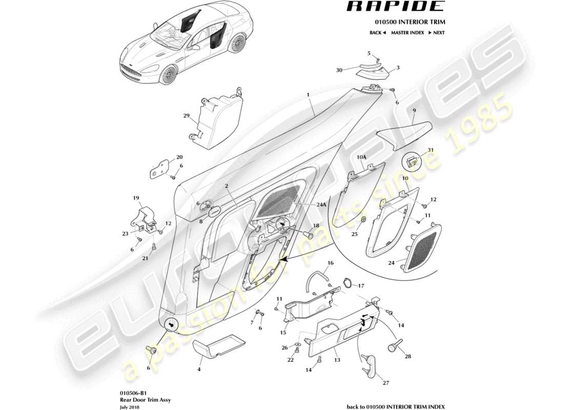 aston martin rapide (2010) rear door trim panel part diagram