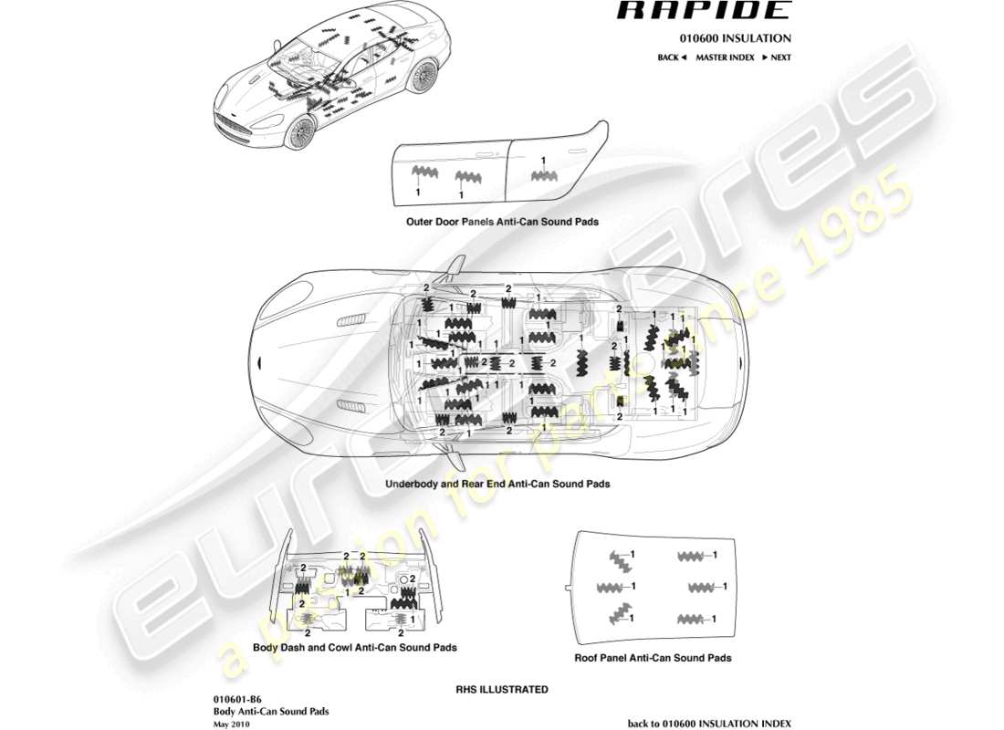 aston martin rapide (2010) anti-can sound pads part diagram