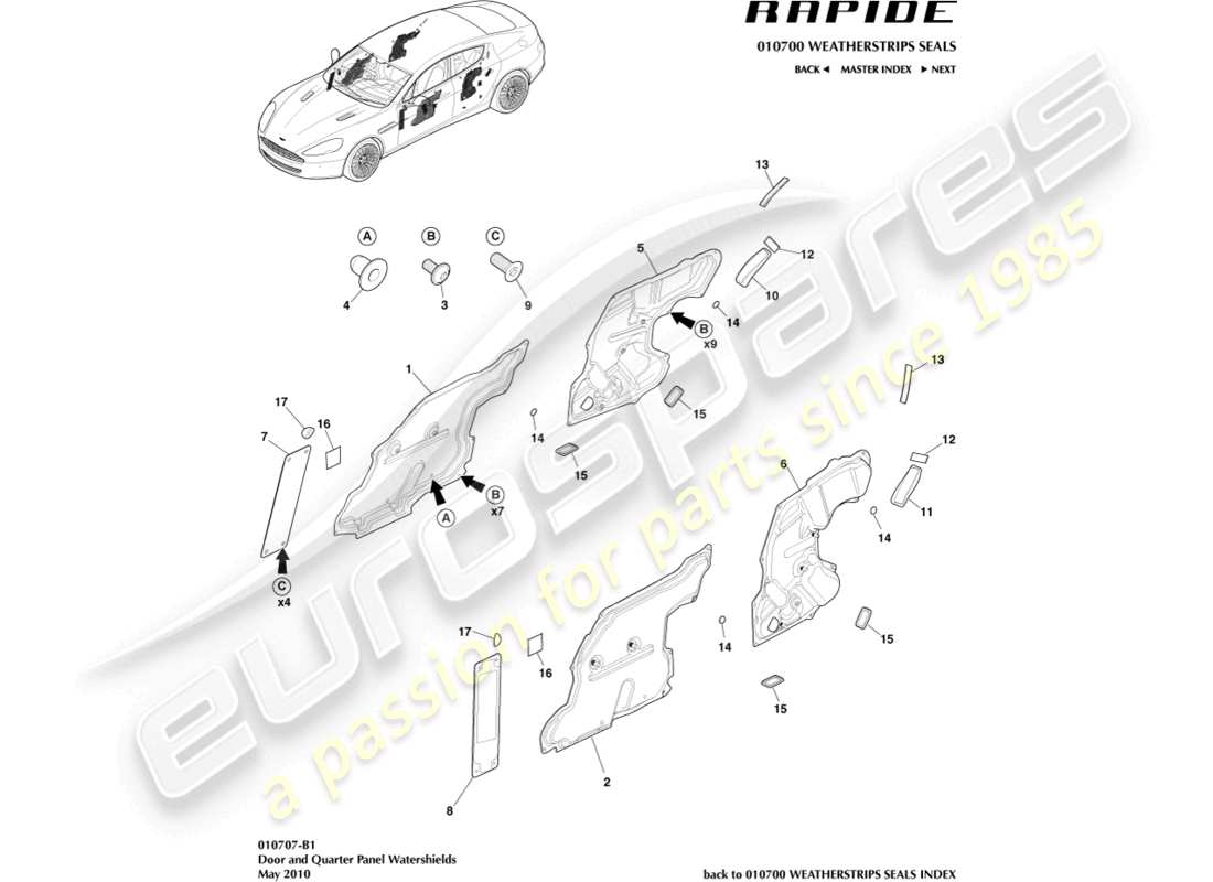 aston martin rapide (2010) door watershields part diagram