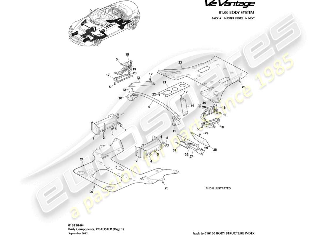 aston martin v12 vantage (2012) body components, roadster part diagram