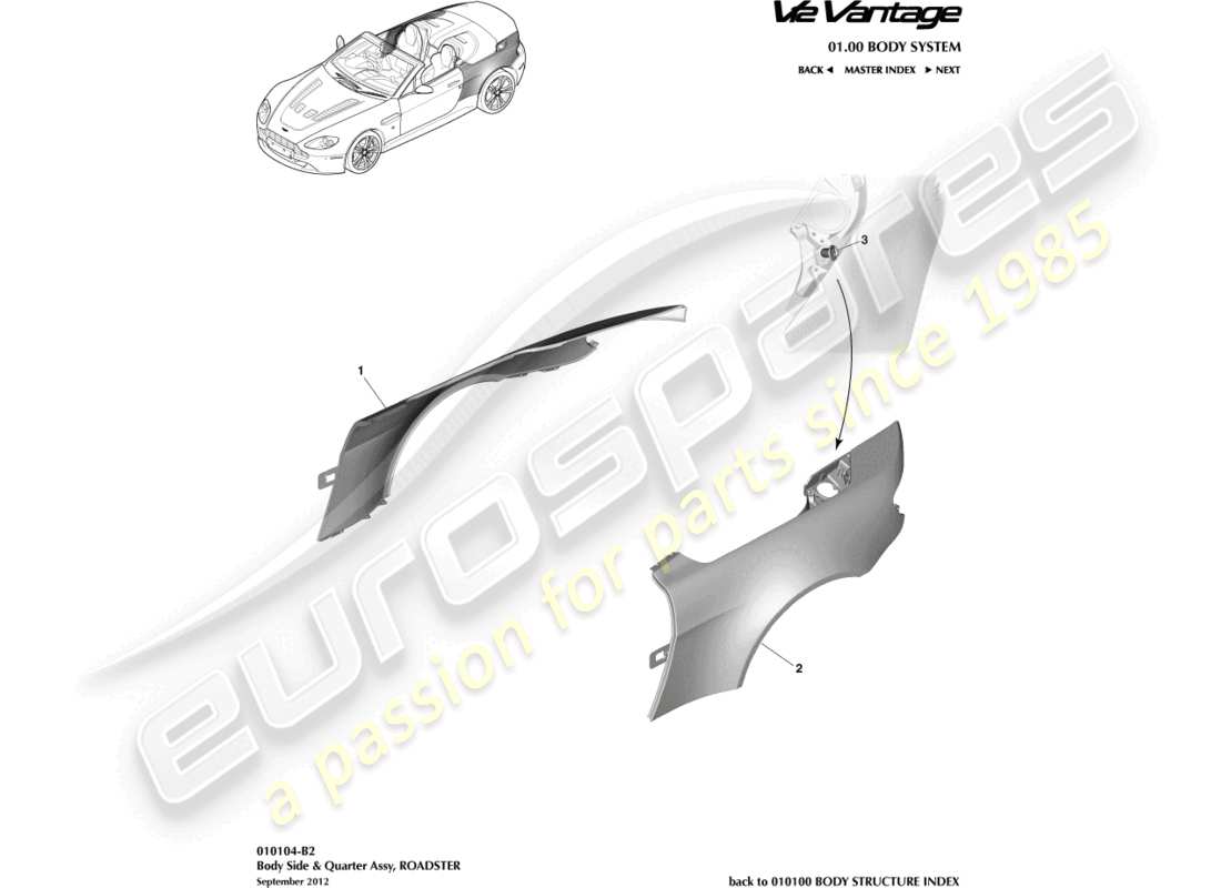 aston martin v12 vantage (2011) panel body side, roadster part diagram