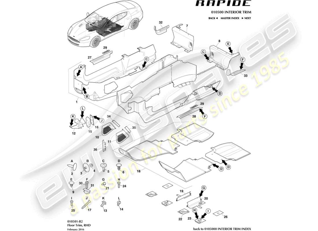 aston martin rapide (2010) main floor trim, rhd part diagram