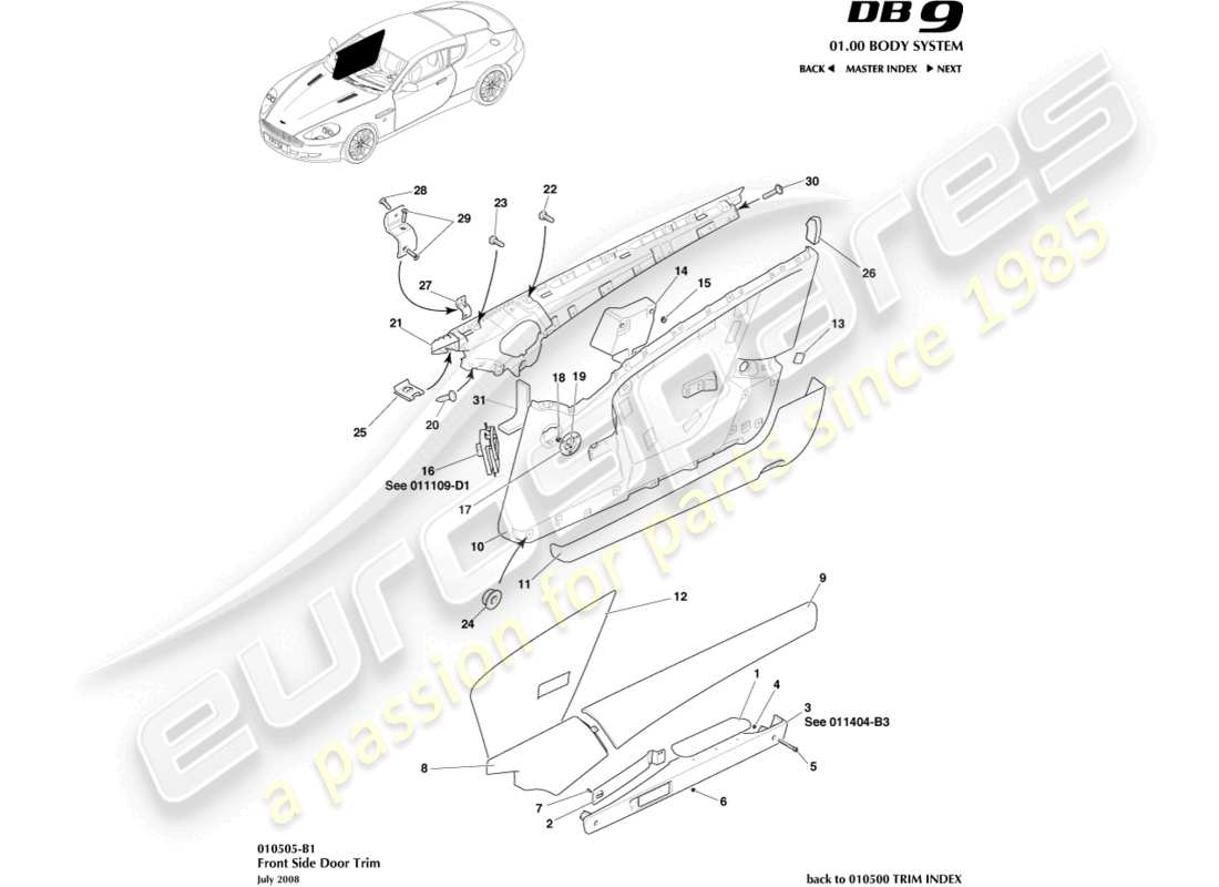 aston martin db9 (2011) door trim part diagram