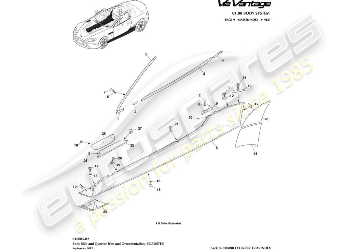 aston martin v12 vantage (2012) bodyside & quarter trim, roadster part diagram