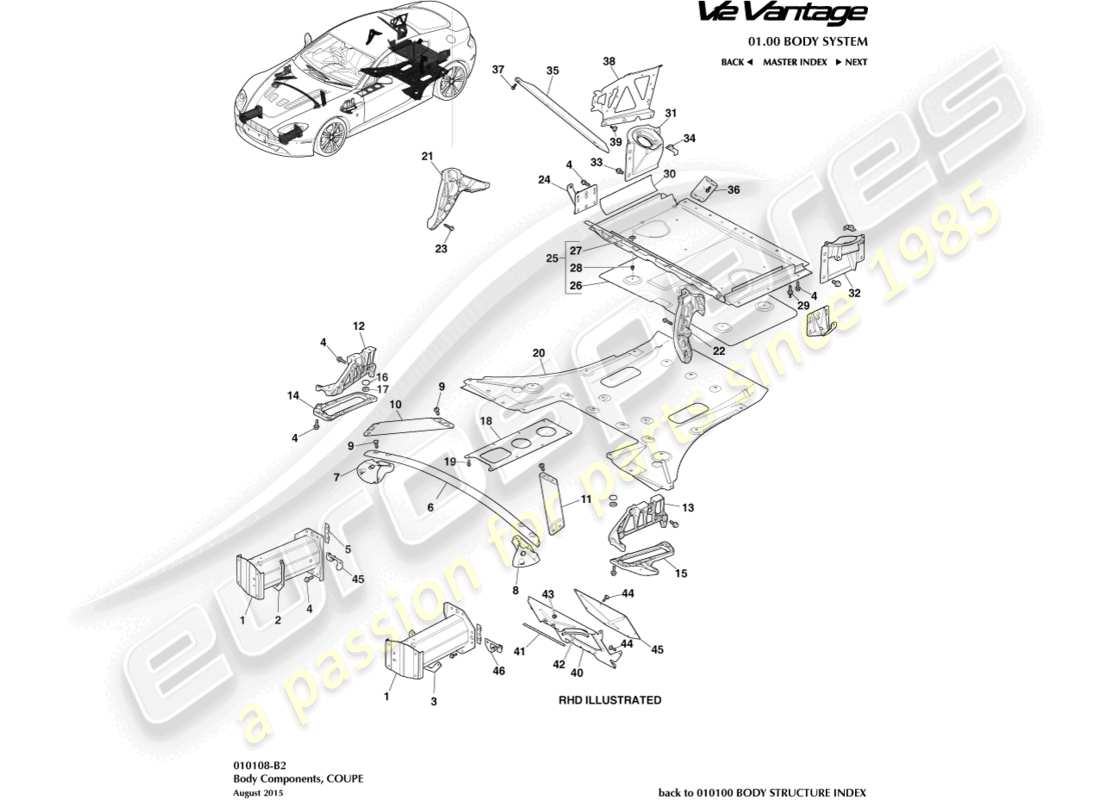 aston martin v12 vantage (2012) body components, coupe part diagram
