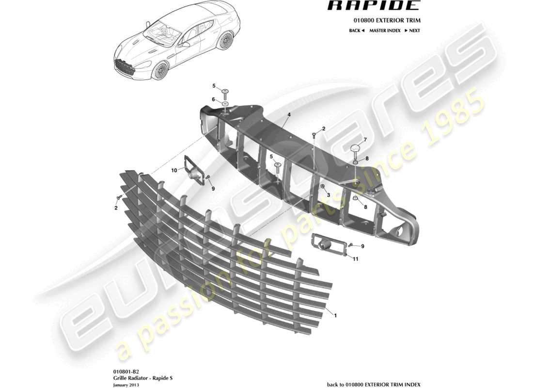 aston martin rapide (2010) radiator grille, s part diagram