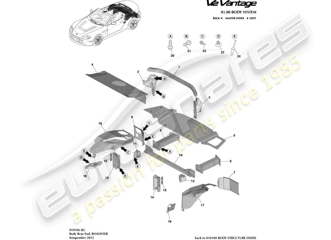 aston martin v12 vantage (2012) body rear end, roadster part diagram