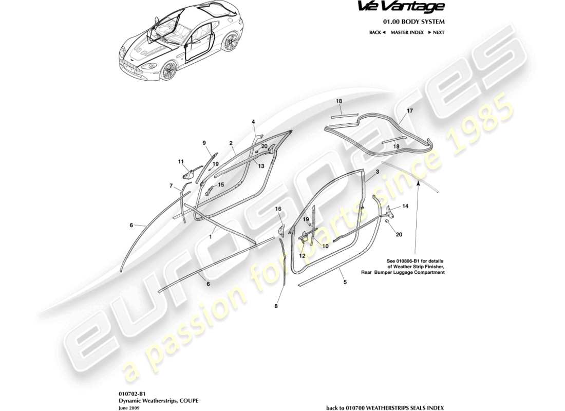 aston martin v12 vantage (2012) dynamic weatherstrips, coupe part diagram
