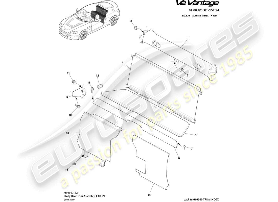 aston martin v12 vantage (2012) rear end trim, coupe part diagram