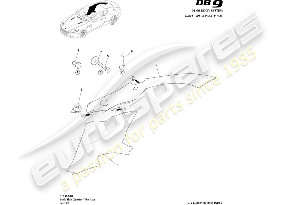 aston martin db9 (2009) body side quarter trim, coupe part diagram