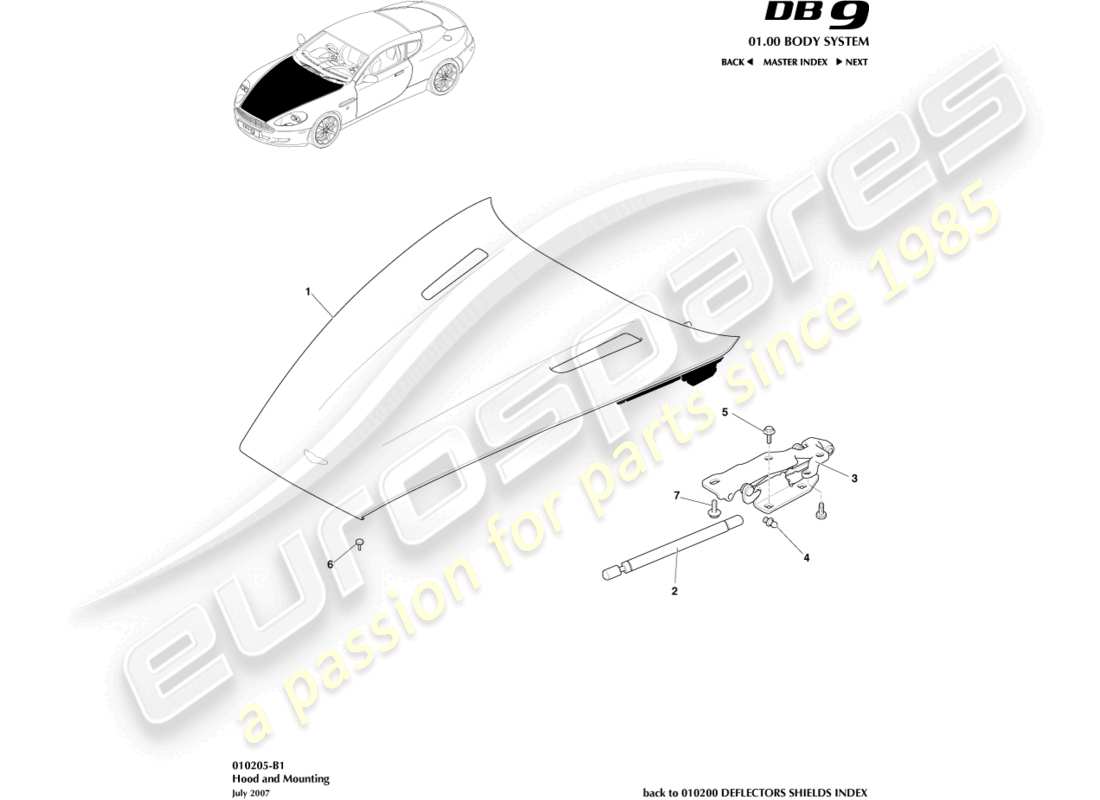 aston martin db9 (2011) bonnet and mounting part diagram