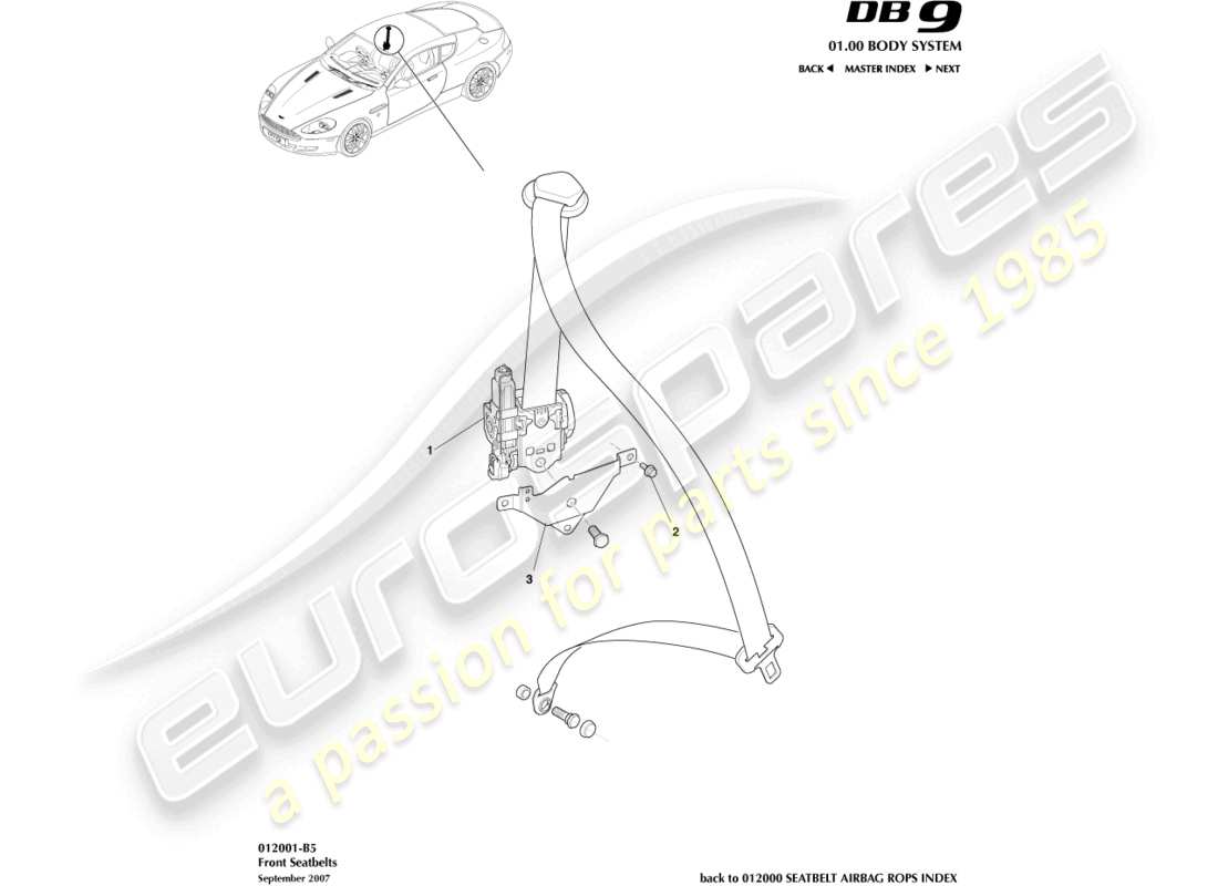 aston martin db9 (2011) front seat belts part diagram